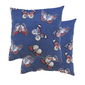 18 in. x 18 in. Butterfly Allover Midnight and Denim Square Outdoor Throw Pillow (2-Pack)