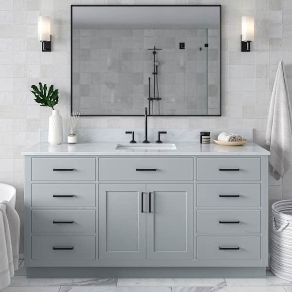 ARIEL Hepburn 67 in. W x 22 in. D x 35.25 in. H Freestanding Bath Vanity in Grey with Carrara White Marble Top