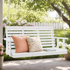 White Wood Patio Swing 4.5 ft. Porch Swing Bench Heavy Duty Swing Chair Bench with Hanging Chains for Courtyard Garden