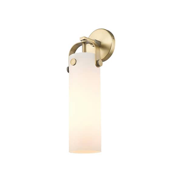 Pilaster 1-Light Brushed Brass Wall Sconce with White Glass Shade