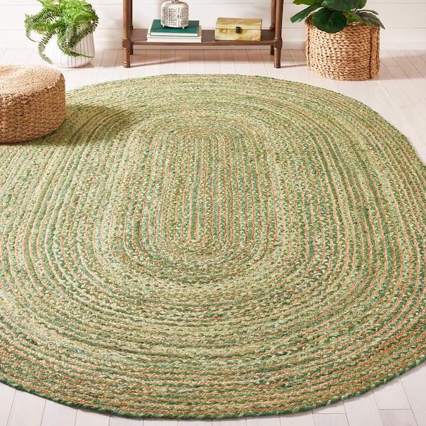Cape Cod Green/Natural 5 ft. x 8 ft. Striped Border Oval Area Rug