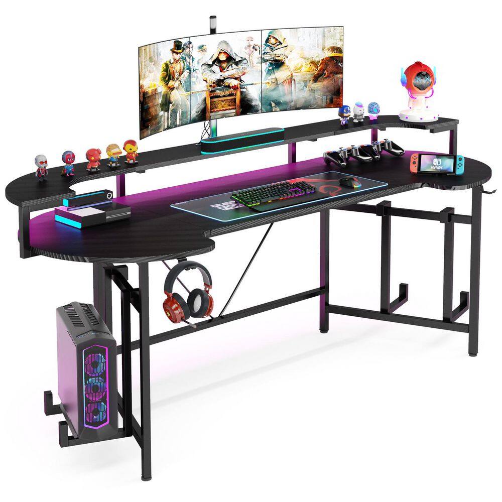 Halseey 75 in. Black Wood and Metal Gaming Desk Large Computer Desk with Led Light, Monitor Shelf, and CPU Holder