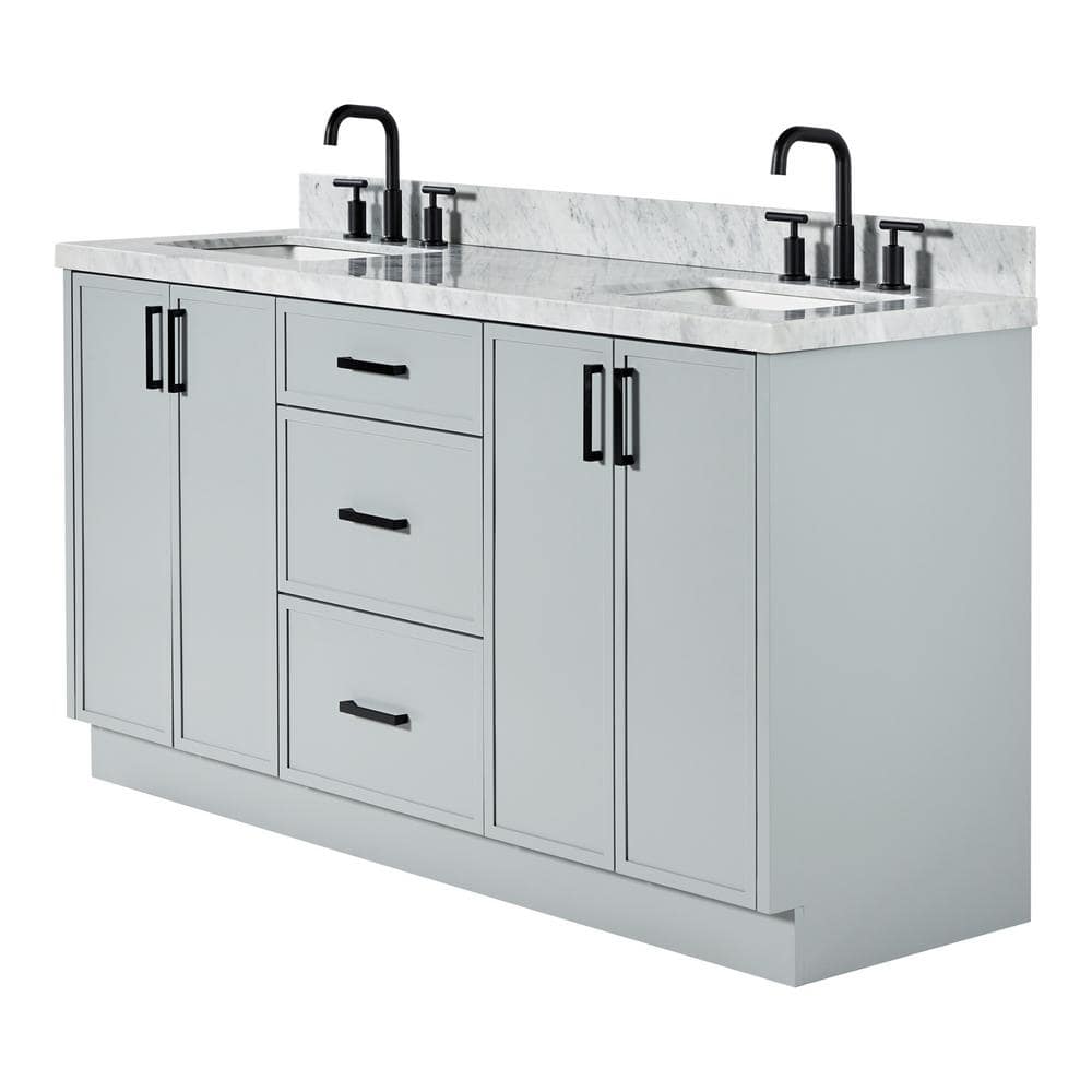 Gray Wood Double Sink Freestanding Vanity with Carrara Marble Top