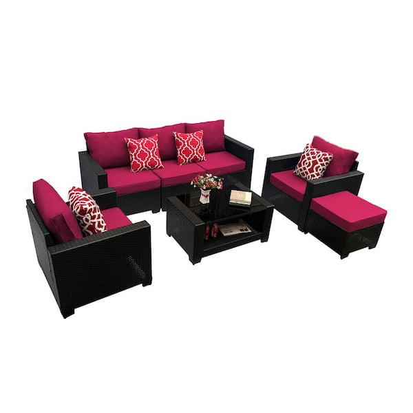 Sudzendf 7-Piece Outdoor Garden Patio Furniture PE Rattan Wicker Sofa Set with Red Cushions