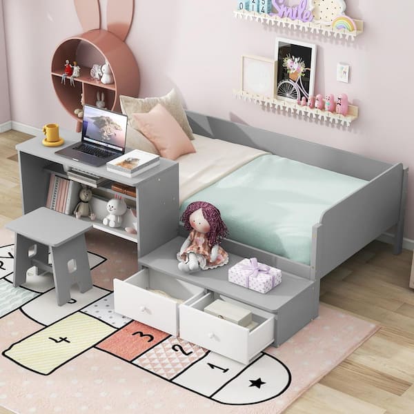 Harper & Bright Designs Gray and White Wood Frame Twin Size Platform Bed with Chair and Desk Set, 2-Drawer