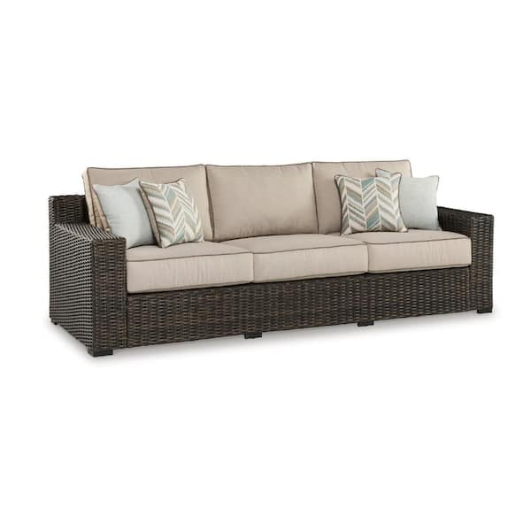 Benjara Waga Brown Aluminum Outdoor Sectional with Beige Cushions
