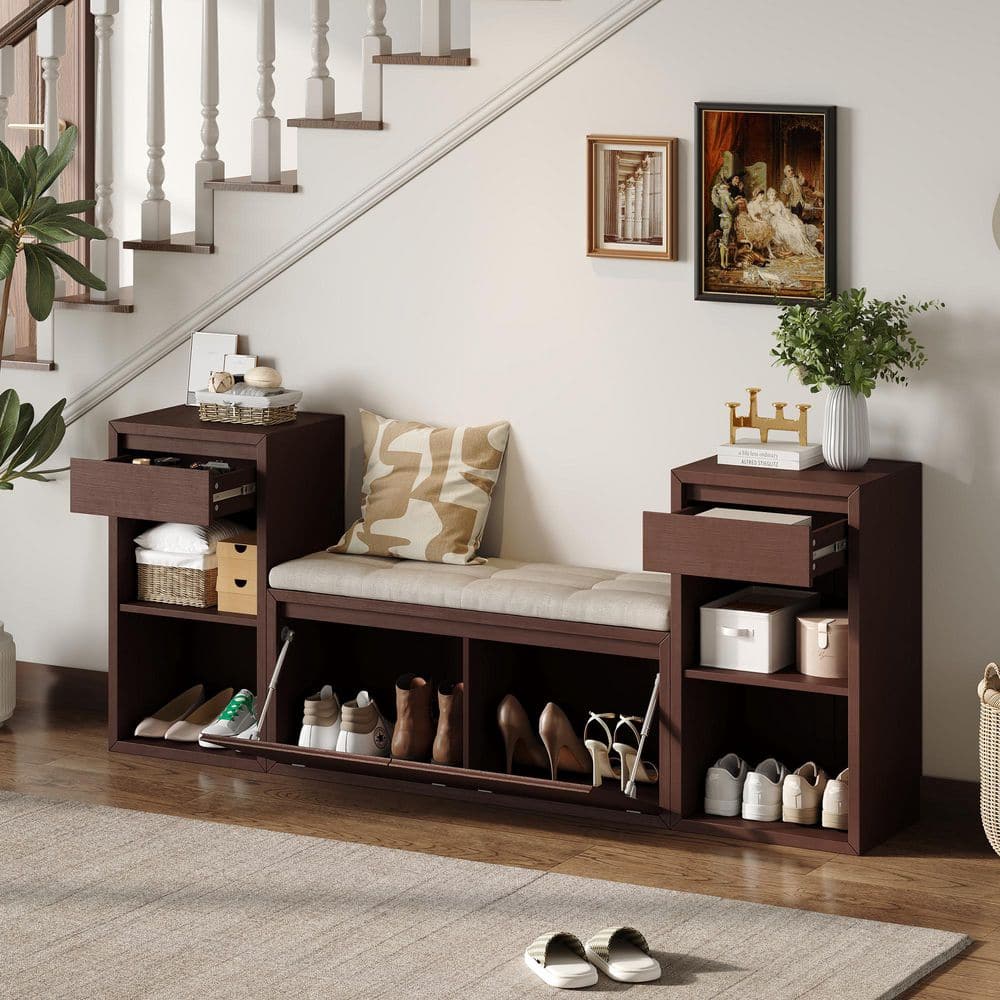 77.48 in. Espresso All-in-One Entryway Storage Bench with Cushion , Drawers and Open Shelves