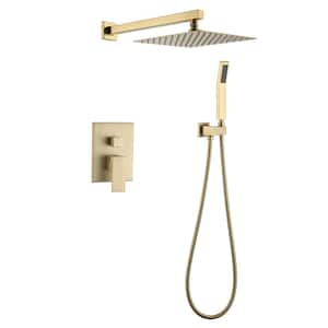 2-Spray Patterns 10 in. Wall Mount Bathroom Dual Shower Heads with Hand Shower in Brushed Gold