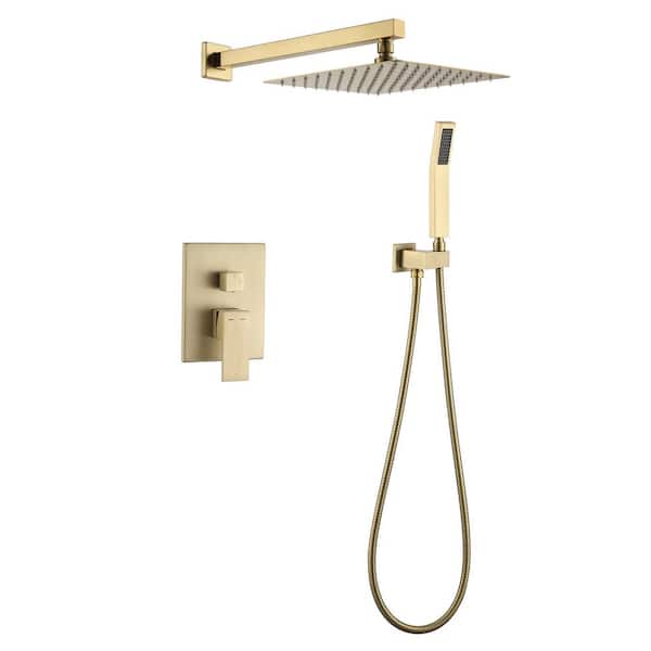Dimakai 2-Spray Patterns 10 in. Wall Mount Bathroom Dual Shower Heads with Hand Shower in Brushed Gold
