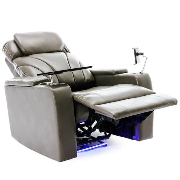 Gray Faux Leather Recliner with USB Charging Audio Hidden Arm Storage Cup Holder 135 Tilt Home Theater Seating