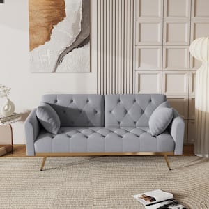 68.3 in.Gray Velvet Twin Size Sofa Bed with Two Pillows