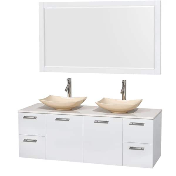 Wyndham Collection Amare 60 in. Double Vanity in Glossy White with Solid-Surface Vanity Top in White, Marble Sinks and 58 in. Mirror