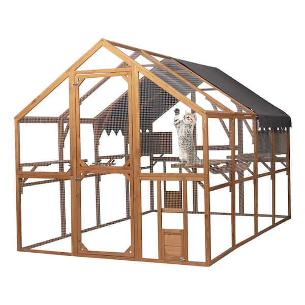 Tunearary Large Wooden Outdoor Cat House, 56 Sq. Ft. Cat Run Enclosure Walk in Cat Catio Kitten Condo with Enter Door, Roof Cover