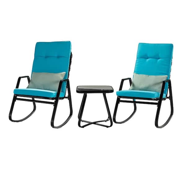 Unbranded Metal Outdoor Rocking Chair with Blue Cushion (Set of 3)