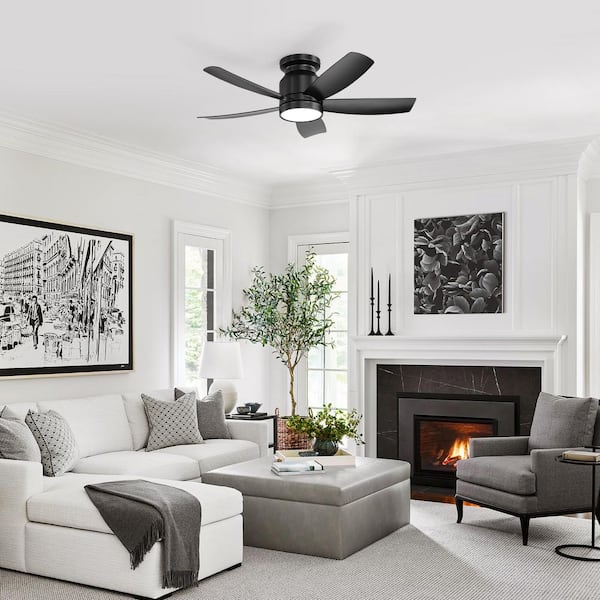 Kebris 42 in. Indoor/Outdoor Black Low Profile Flush Mount Integrated LED Ceiling Fan with Light Kit and Remote Control