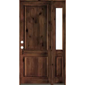 50 in. x 96 in. knotty alder Right-Hand/Inswing Clear Glass Red Mahogany Stain Square Top Wood Prehung Front Door w/RHSL
