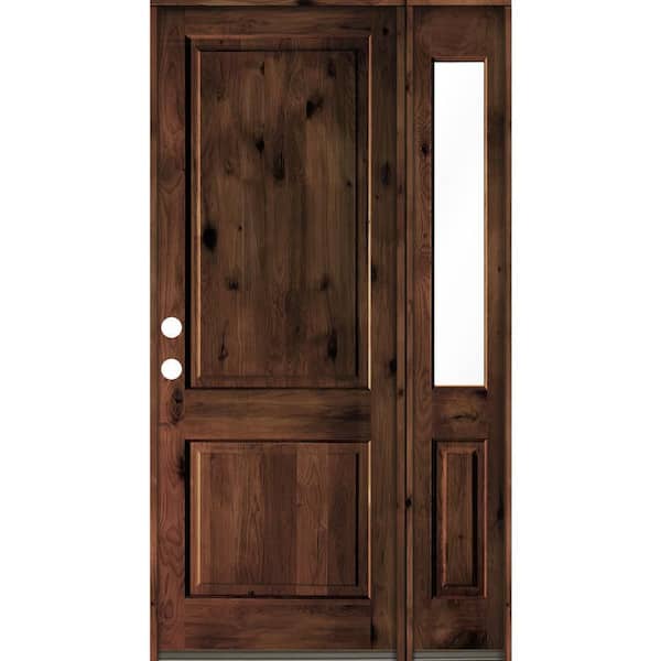 Krosswood Doors 56 in. x 96 in. knotty alder Right-Hand/Inswing Clear Glass Red Mahogany Stain Square Top Wood Prehung Front Door w/RHSL