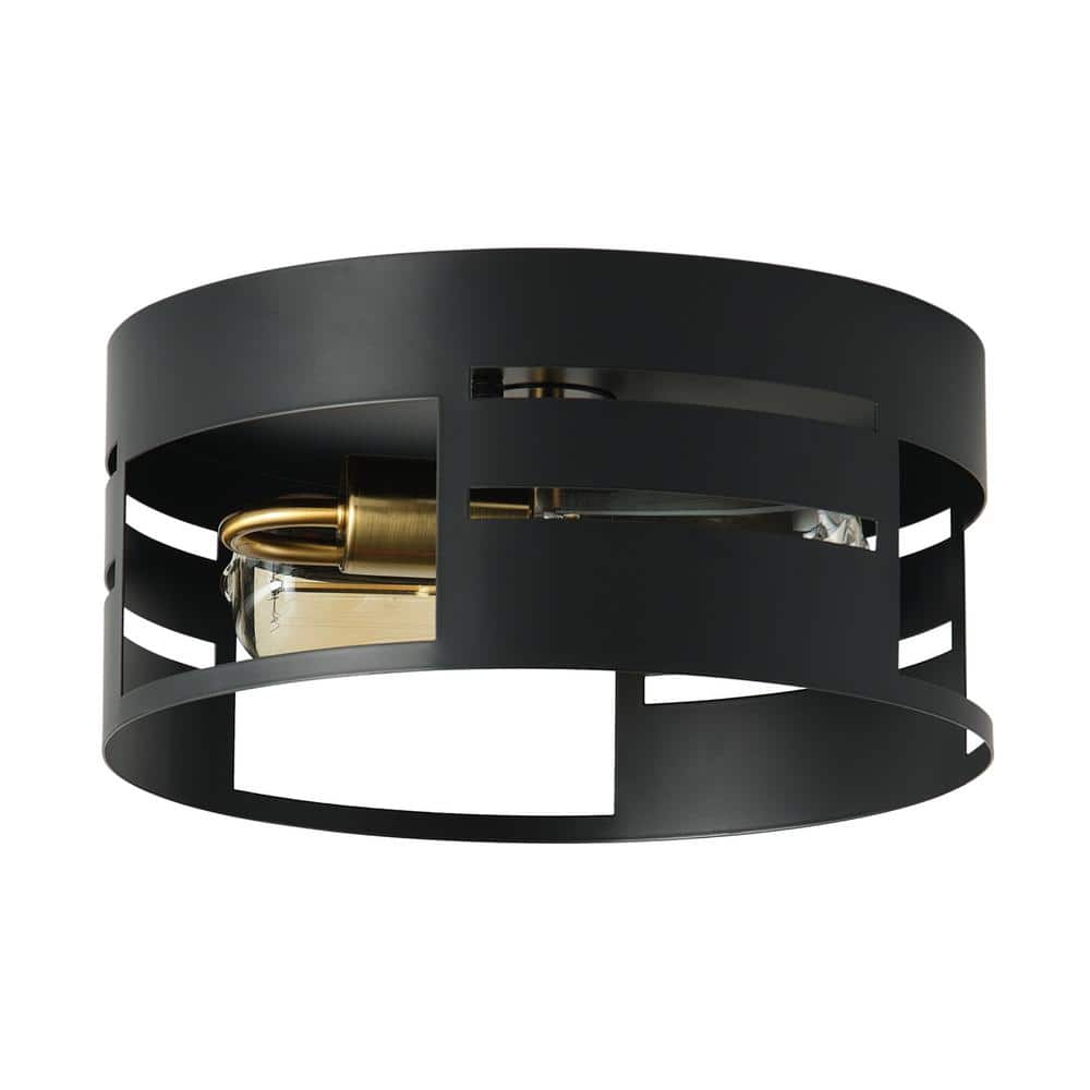 Modern 11. 81in. 2-Light Round Flush Mount Industrial Black Ceiling Light F