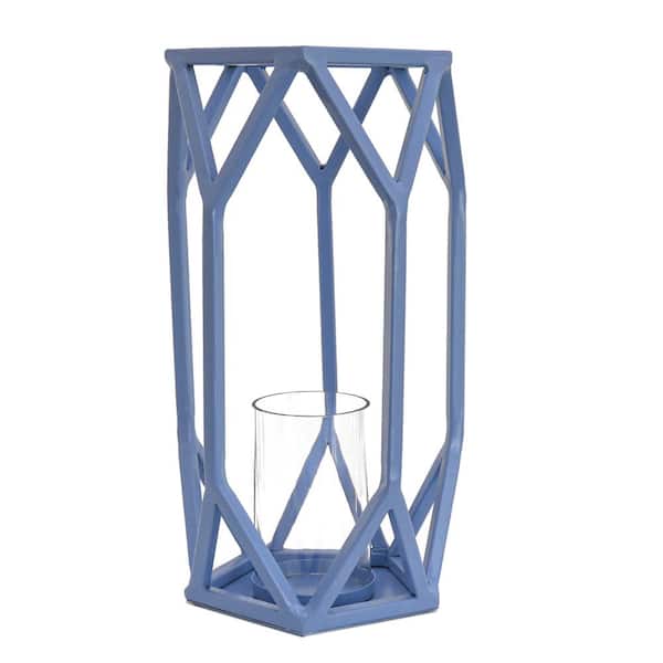 National Outdoor Living 14 in. Candle Lantern with Glass Chimney, Ice Melt Blue