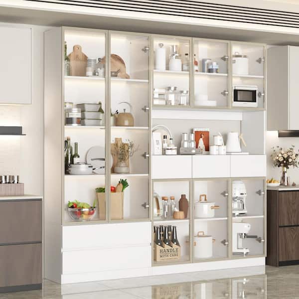 White Wood 78.7 in. W Buffet Food Pantry W/Hutch, Glass Doors, Multiple Shelves, LED Lights (14.2 in. D x 78.7 in. H)