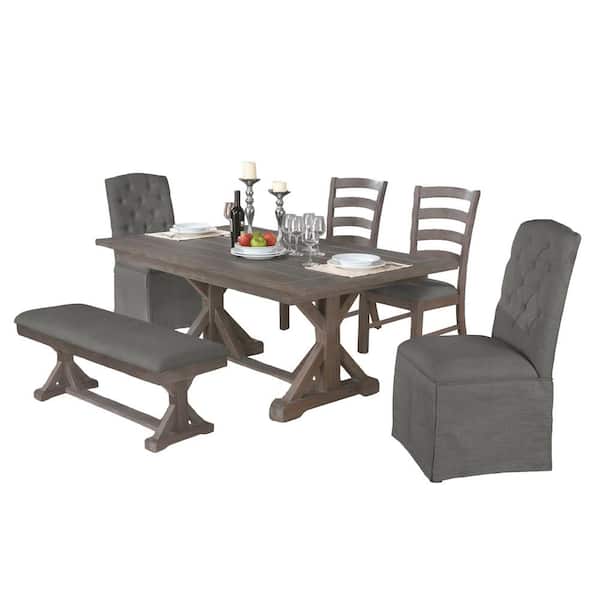 Best Quality Furniture Viviana 6-piece Dining Set Gray Linene Fabric Chair and Bench