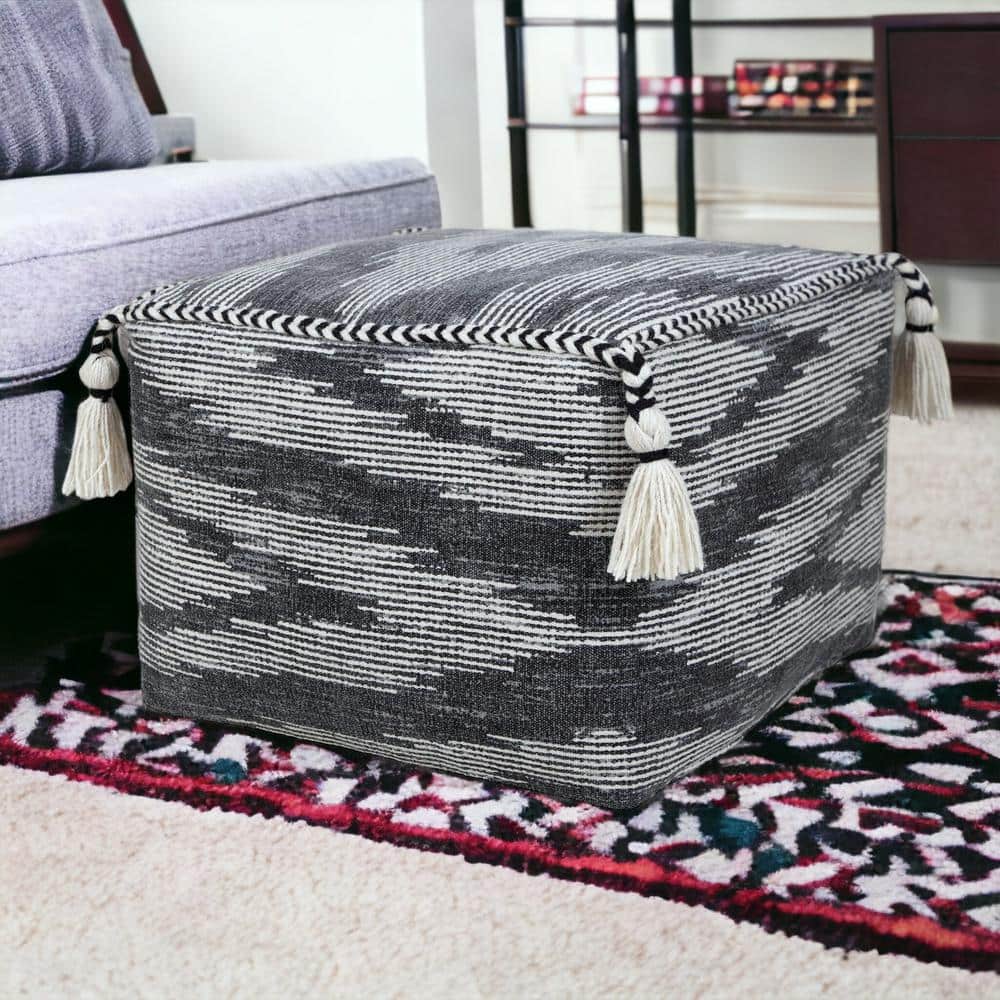 Gray and Ivory Cotton Geometric Pouf with Tassels