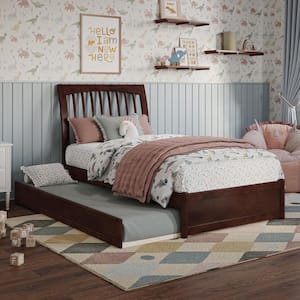 Roslyn Walnut Brown Solid Wood Frame Twin Platform Bed with Panel Footboard and Twin Trundle