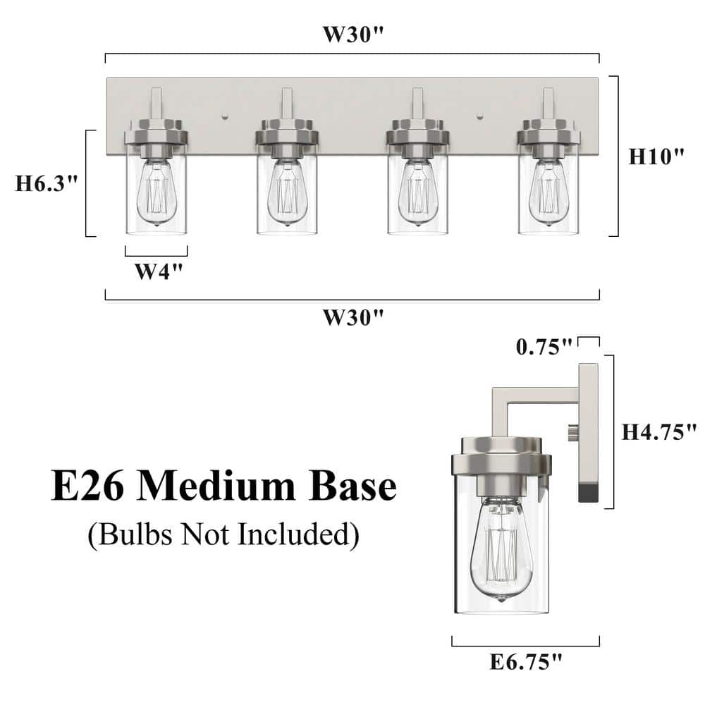 Brushed Nickel 4-Light Cylinder Vanity Light with Clear Glass Shades