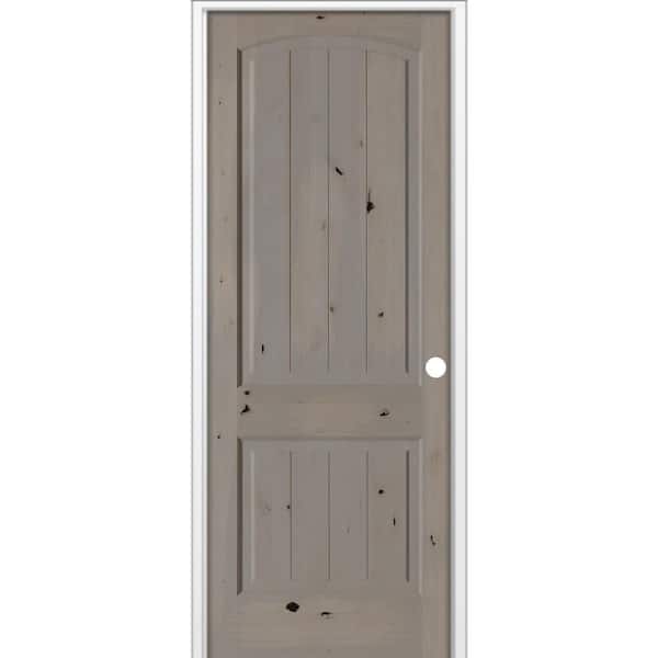 Krosswood Doors 36 in. x 96 in. Rustic 2-Panel Arch Top VG Left-Hand Weathered Gray Stain Knotty Alder Wood Single Prehung Interior Door