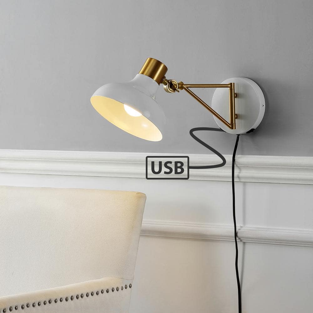 White and Brass Gold Iron Swing Arm Wall Sconce with USB Charging Port