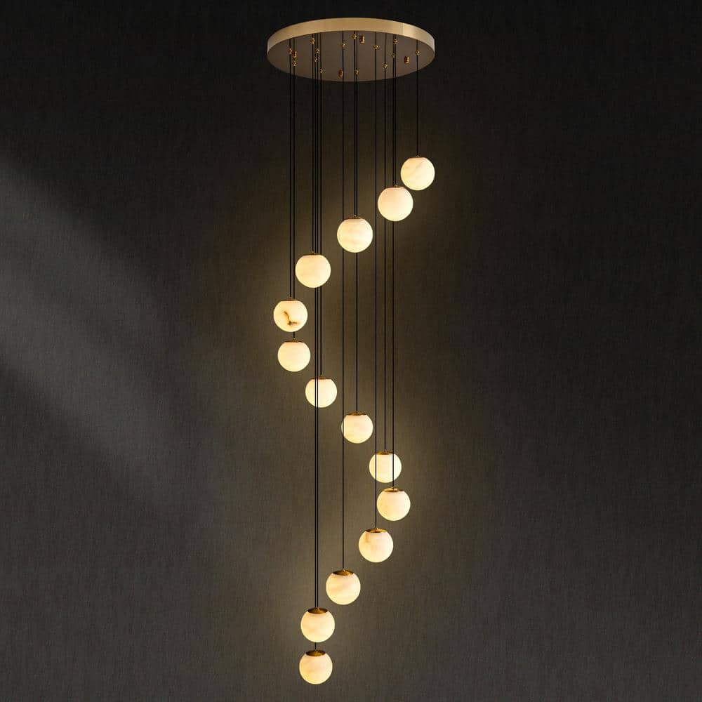 Modern 138 in. H 14-Light Gold Globe Staircase Chandelier, Natural Alabaster Chandelier for High Ceiling, Foyer, Entry price history on PriceWatchPro