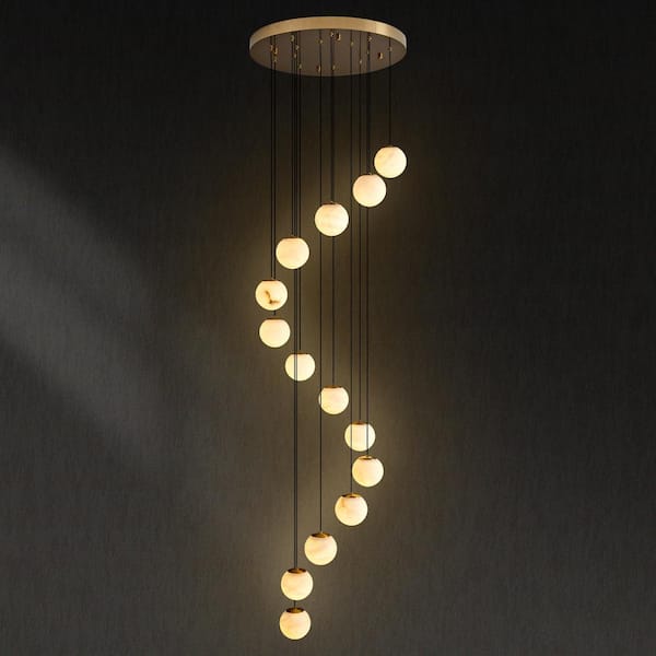 Modern 138 in. H 14-Light Gold Globe Staircase Chandelier, Natural Alabaster Chandelier for High Ceiling, Foyer, Entry
