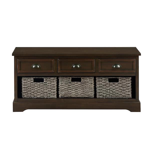 aisword 19.5 in. x 41.9 in. x 15.2 in. Homes Collection Wicker Storage Bench with 3 Drawers and 3 Woven Baskets - Walnut