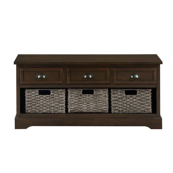 Unbranded Walnut 3-Woven Basket Storage Bench 19.5 in. H x 41.9 in. W x 15.2 in. D