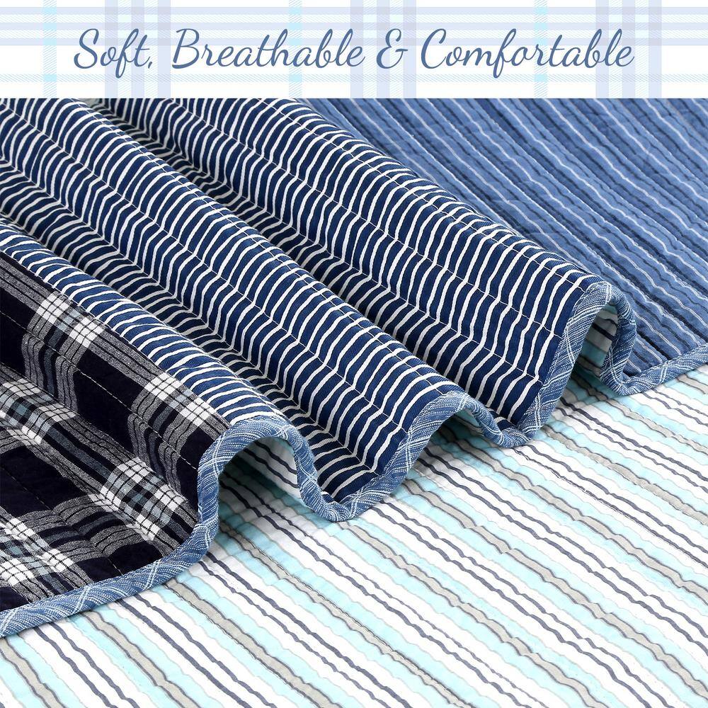 Twin Blue Cotton Reversible Patchwork Quilt Bedding Set