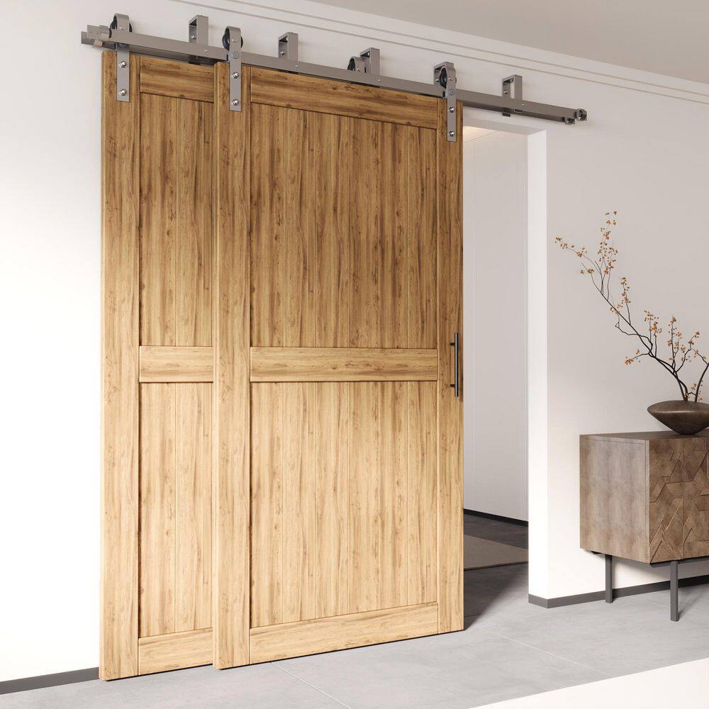 Brushed Nickel Double Track Bypass Sliding Barn Door Hardware Kit