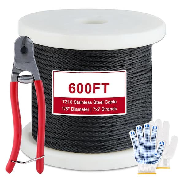 Black Stainless Steel Cable 600 ft. 1/8 in. T316 Wire Rope 7 x 7 Strand Kit with Cutter for Deck Railing Marine