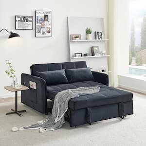 55.5 in. Black Soft Velvet Twin Size Tufted Sofa Bed with 2 Pillows, USB Socket and Side Pockets