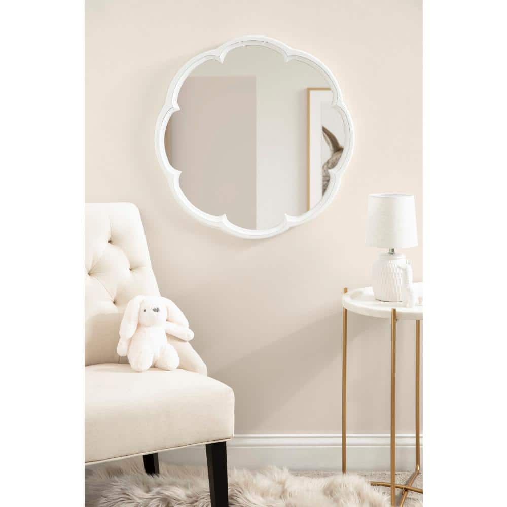 Maren 26" Distressed White Round Wooden Scallop Vanity Mirror