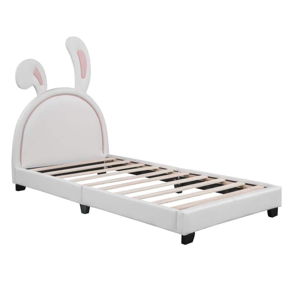 Wood Frame Twin Size Platform Bed with Upholstered Rabbit Ornament Headboard,White -  Polibi, RS-MFBUH-WPJ