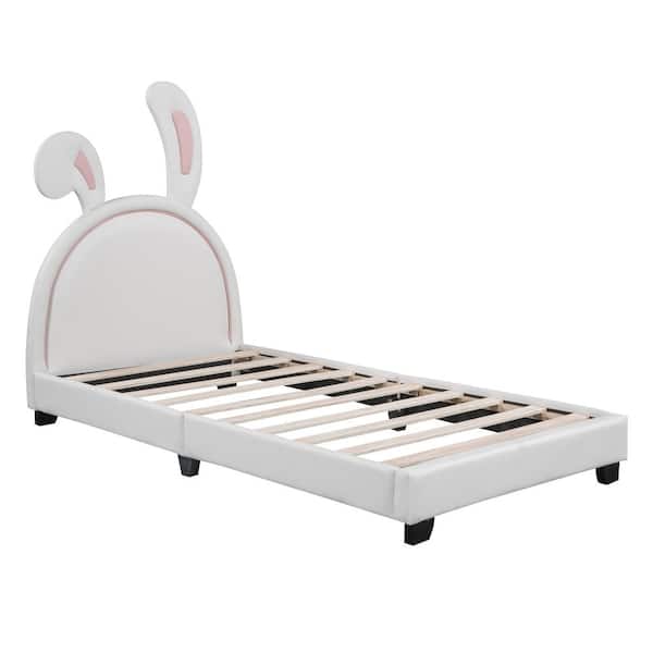 Polibi Wood Frame Twin Size Platform Bed with Upholstered Rabbit Ornament Headboard,White