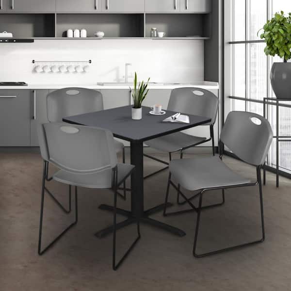 Cain 42 in. Grey Square X-Base Breakroom Table Desk and 4-Zeng Stack Chairs-Grey