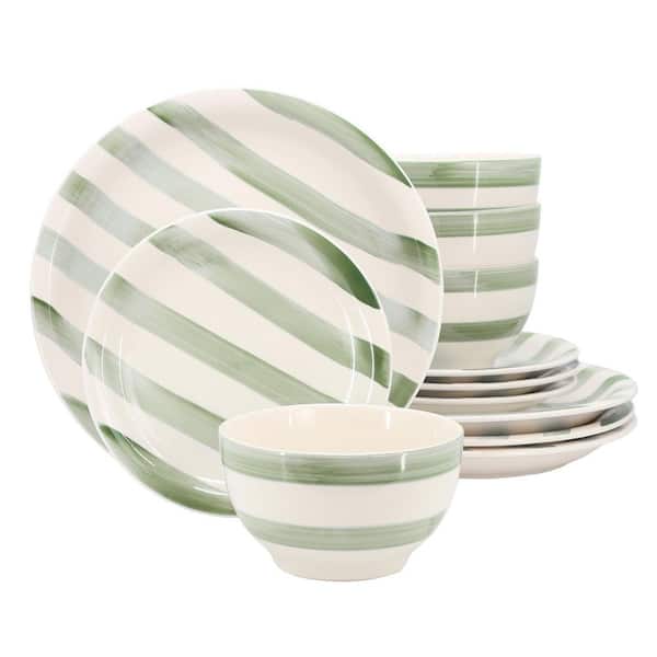 Kenwood Shores 12 Piece Stoneware Dinnerware Set in Green Stripe