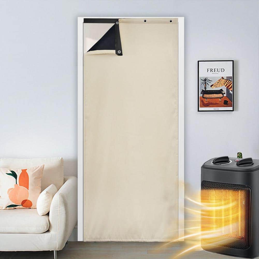 Wellco 35.5 in. x 83 in. Beige Thermal Insulated Vinyl Magnetic Door Curtain Screen Door Waterproof Double Slide