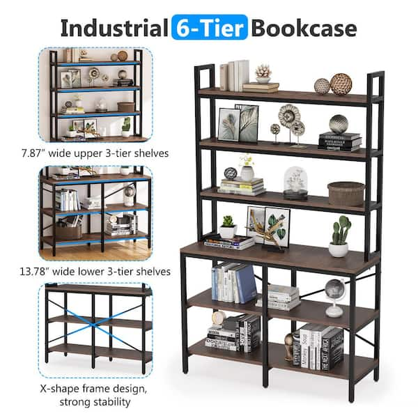 6-Tier Metal Frame Bookcase, 2024 Rustic Brown