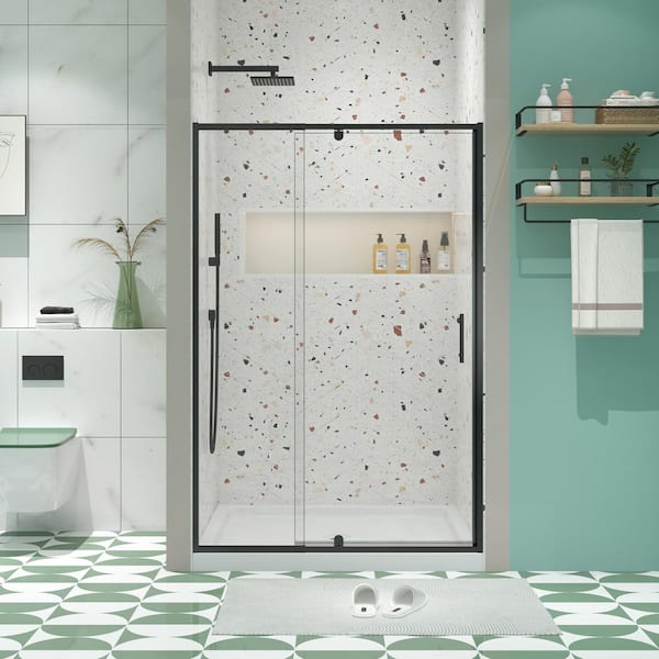 54 in. W x 71 in. H Pivot Framed Shower Door in Matte Black Finish with Tempered Glass