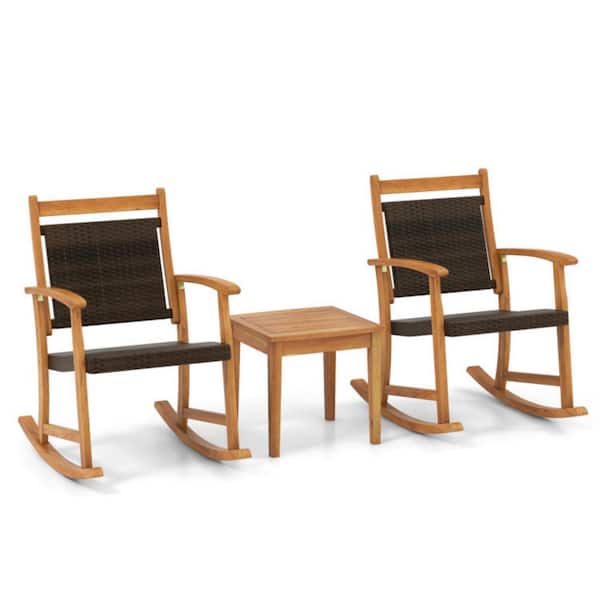 Clihome 3-Piece Acacia Wood Patio Outdoor Rocking Chair Set with Side Table