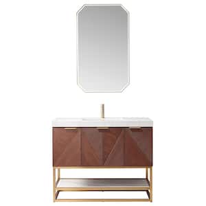 Mahon 42 in. W. x 22 in. D x 33.9 in. H Single Sink Bath Vanity in Walnut White Grain Composite Stone Top and Mirror