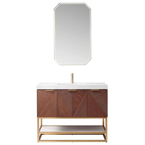Mahon 42 in. W. x 22 in. D x 33.9 in. H Single Sink Bath Vanity in Walnut White Grain Composite Stone Top and Mirror