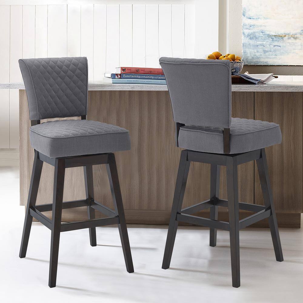 Contemporary 26" Swivel Barstool in Gray Fabric and Espresso Wood